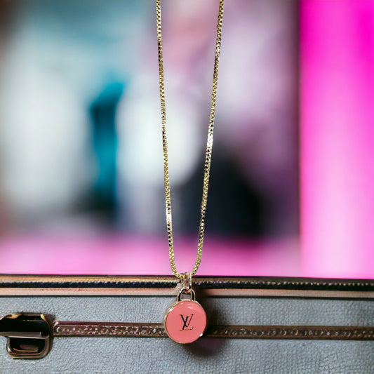 LV Button Pink/ Salmon Repurposed Necklace