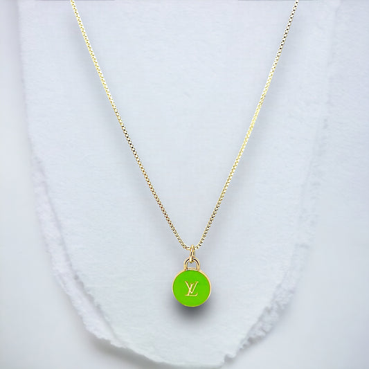 LV Button Lime Green Repurposed Necklace