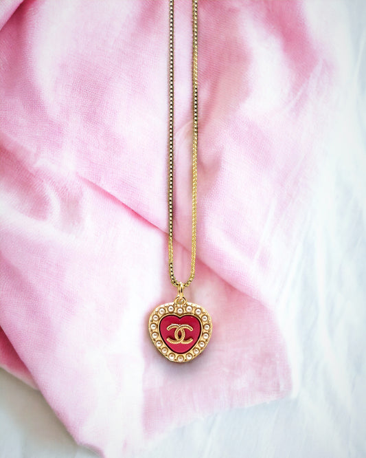 CC Hot Pink Heart + Faux Pearl Repurposed Necklace