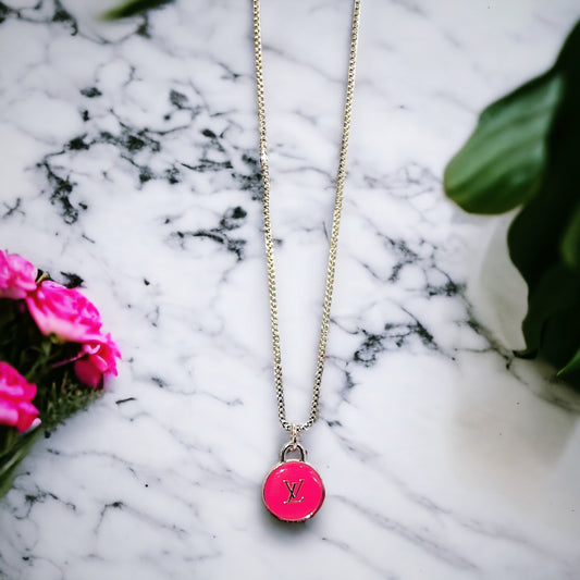 LV Button Hot Pink Repurposed Necklace